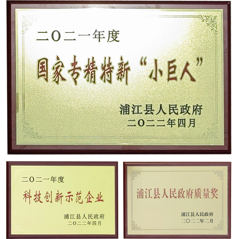 科技創新示范企業、浦江縣人民政府質量獎和國家專精特新“小巨人”